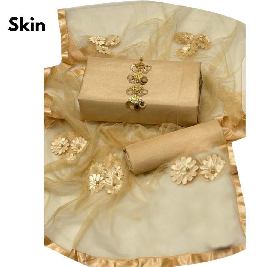 Beige Katan Silk 3-Piece Suit with Dupatta