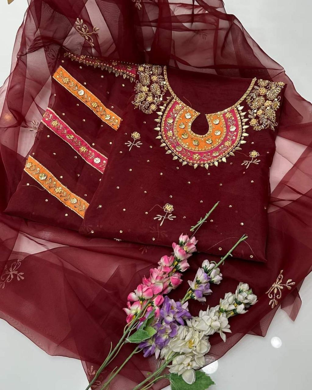 Maroon Embroidered 3-Piece Suit Set for Eid & Weddings