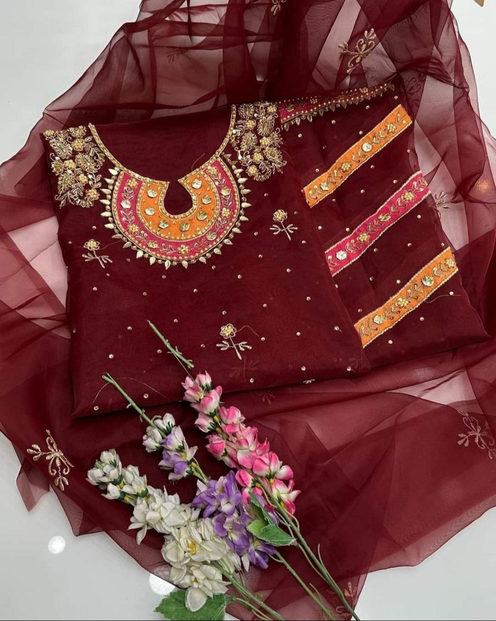 Maroon Embroidered 3-Piece Suit Set for Eid & Weddings