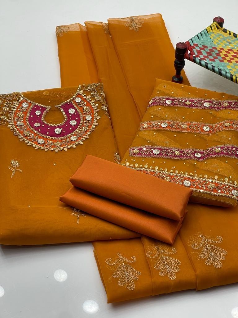 Orange 3-Piece Embroidered Suit for Weddings Eid