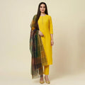 Yellow 3-Piece Katan Silk Suit with Printed Organza Dupatta