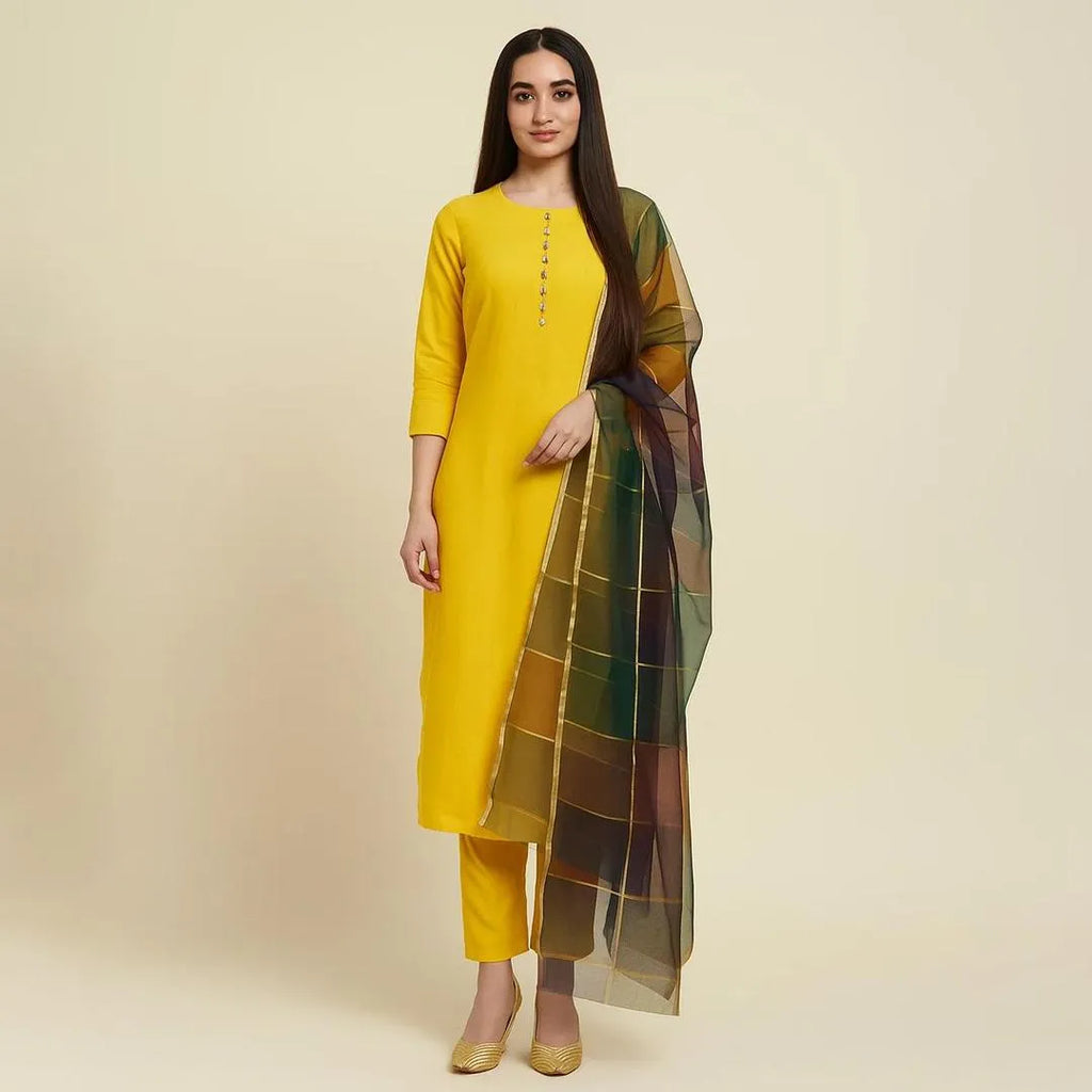 Yellow 3-Piece Katan Silk Suit with Printed Organza Dupatta