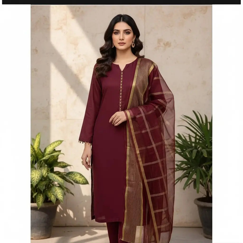 3 Pcs Women's Unstitched Plain Suit