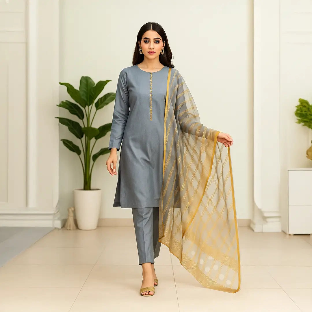 3 Pcs Women's Unstitched Plain Suit