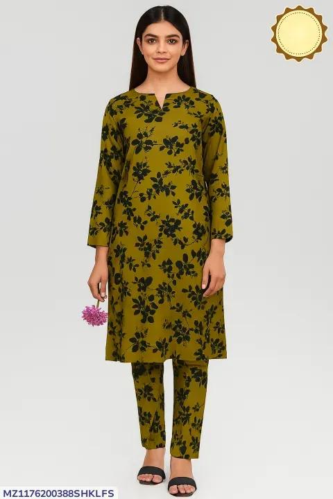 Olive Green Floral Printed 2-Piece Suit for Women