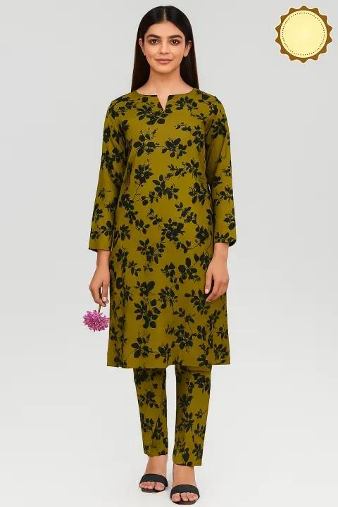 Olive Green Floral Printed 2-Piece Suit for Women