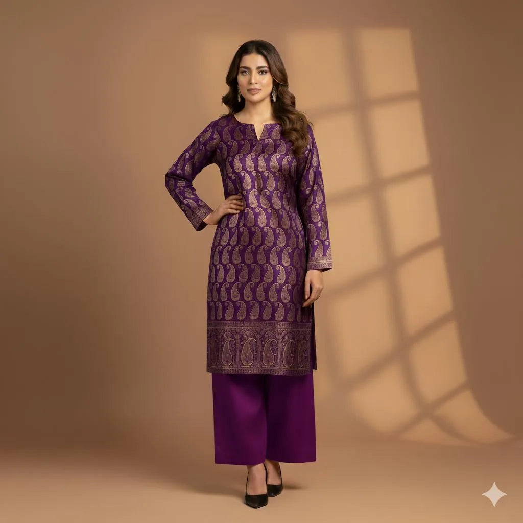 Purple Block Printed Katan Silk 2-Piece Suit for Women
