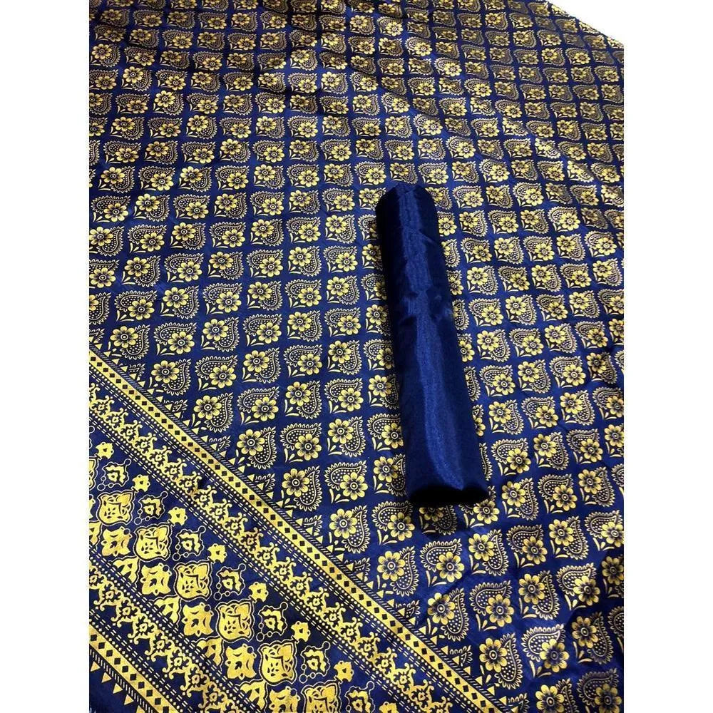 Blue Block Print Katan Silk 2-Piece Suit for Women