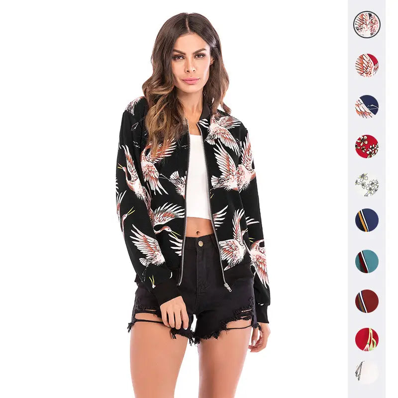 Women's Black Crane Print Zip-Up Jacket with Shorts
