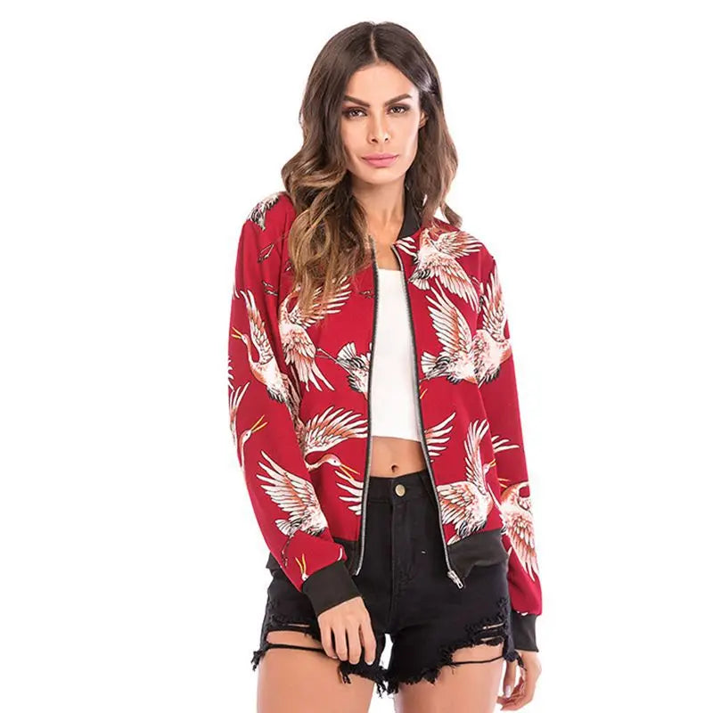 Women's Black Crane Print Zip-Up Jacket with Shorts
