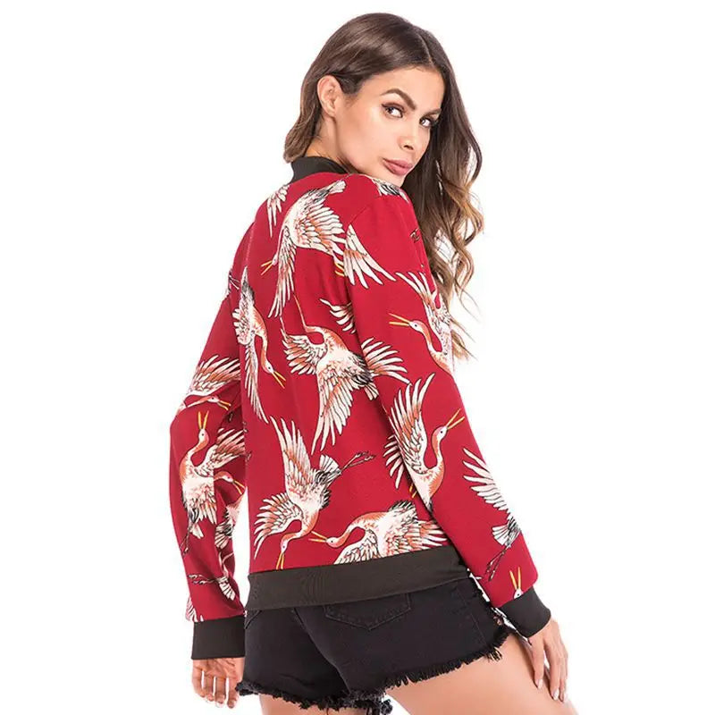 Women's Black Crane Print Zip-Up Jacket with Shorts