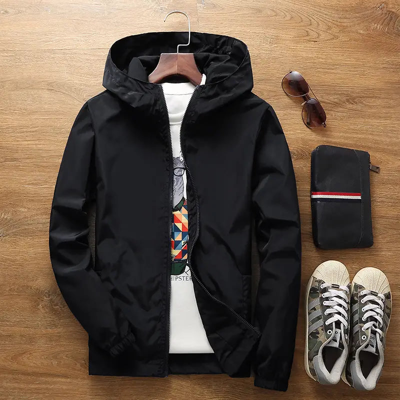 Men Black Casual Windbreaker Jacket Large Size