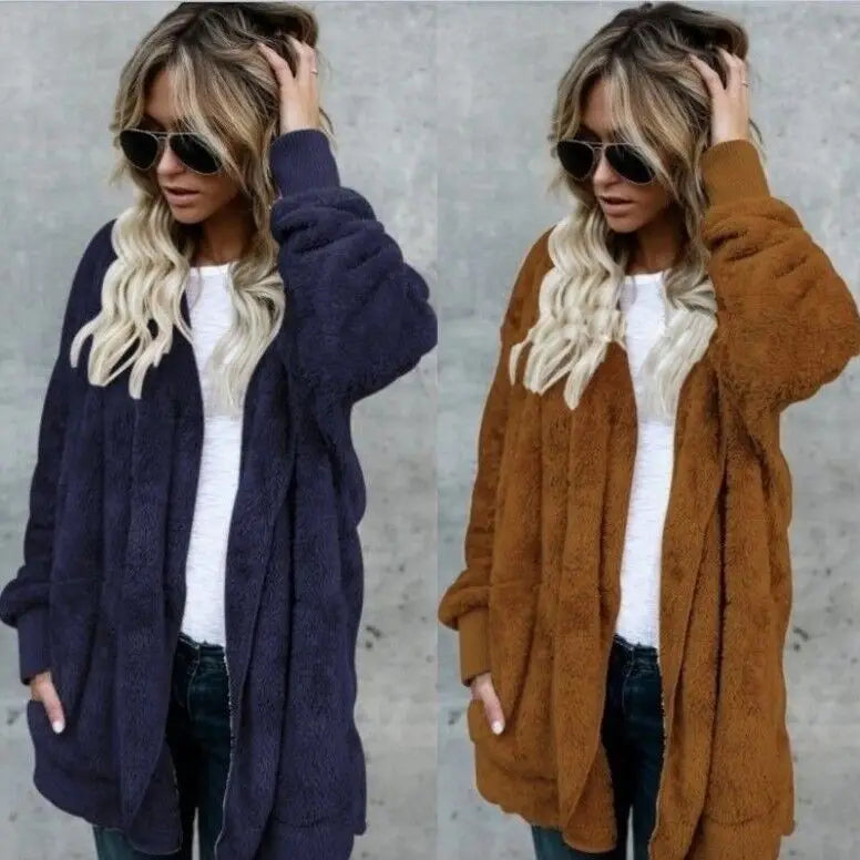 Women's Faux Fur Hooded Coat Khaki Grey Autumn Winter Warm Cotton Padded