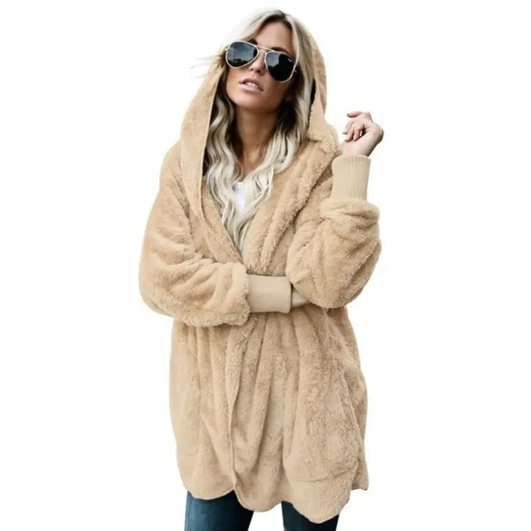 Women's Faux Fur Hooded Coat Khaki Grey Autumn Winter Warm Cotton Padded