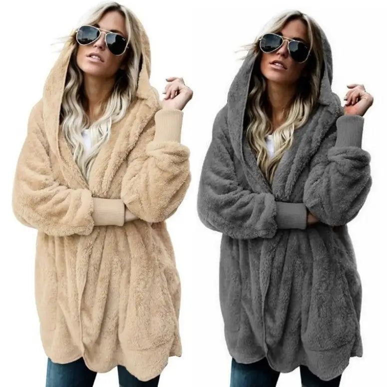 Women's Faux Fur Hooded Coat Khaki Grey Winter Warm Outerwear