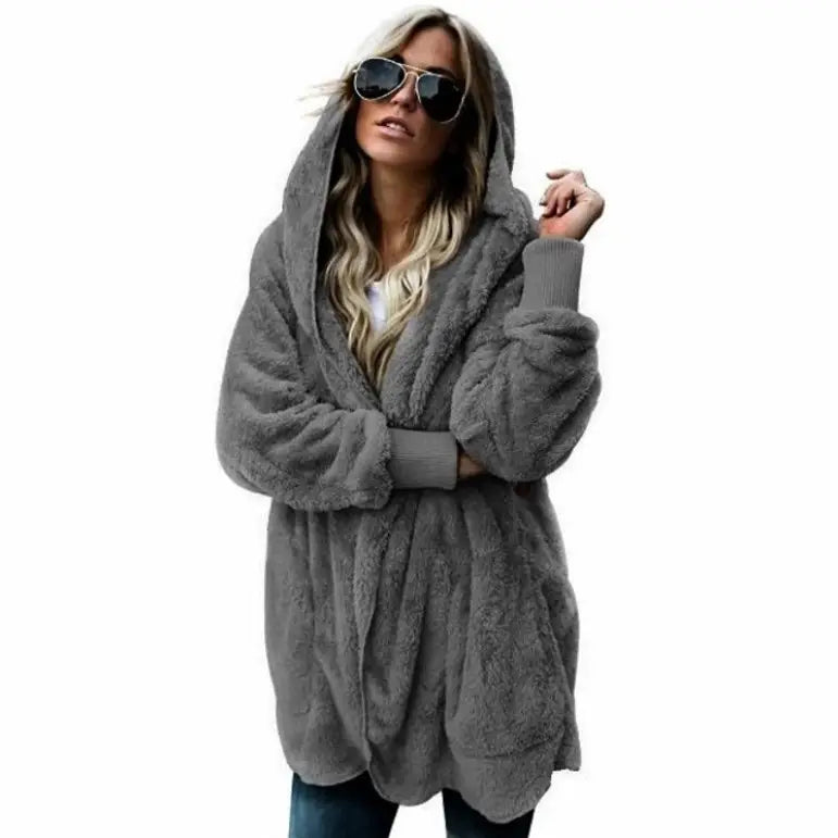 Women's Faux Fur Hooded Coat Khaki Grey Winter Warm Outerwear