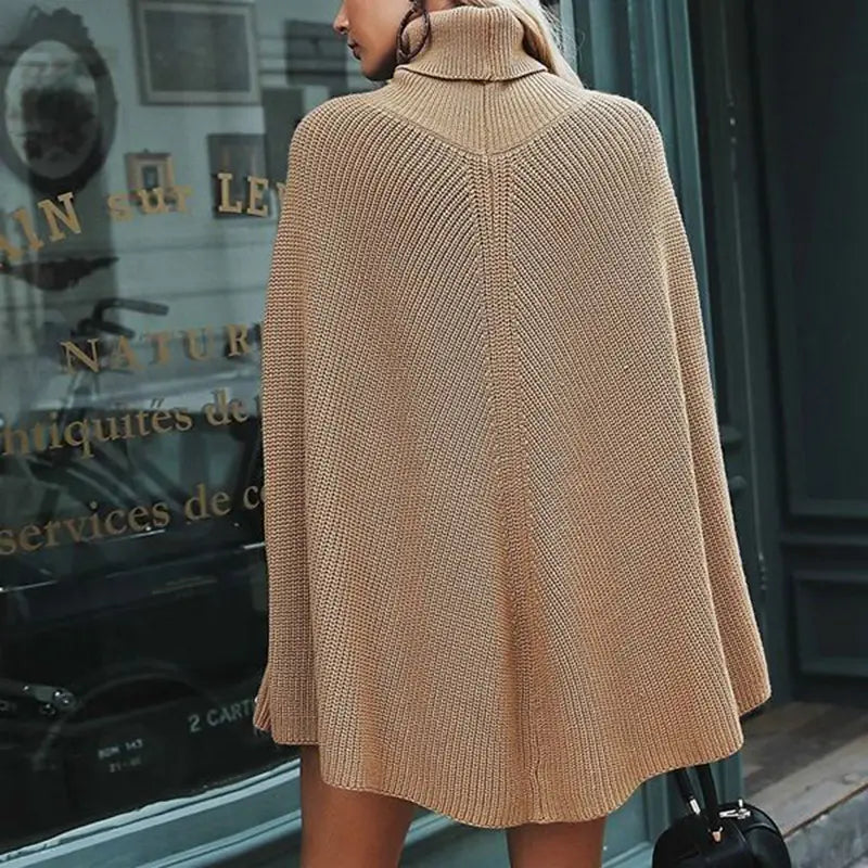 Women Turtleneck Cape Knitwear Camel Brown Casual Fall Winter