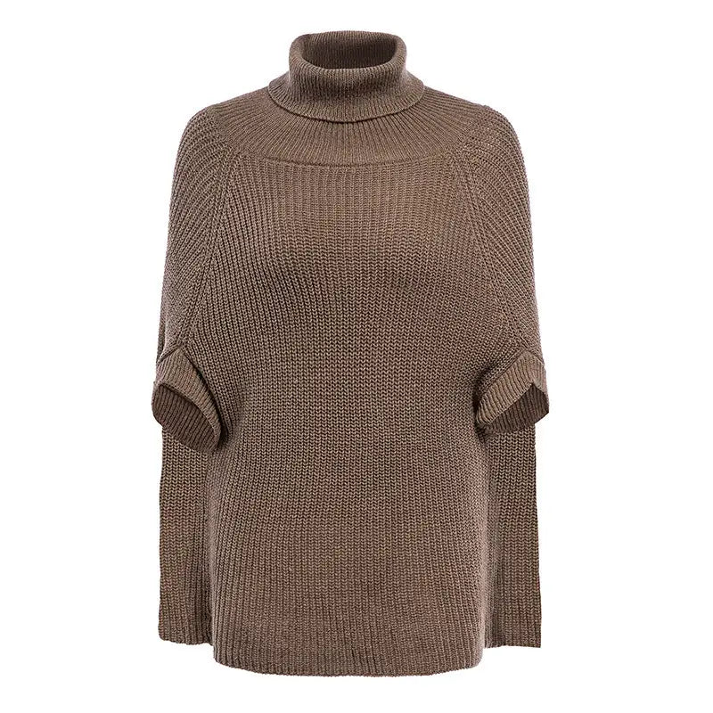 Women Turtleneck Cape Knitwear Camel Brown Casual Fall Winter