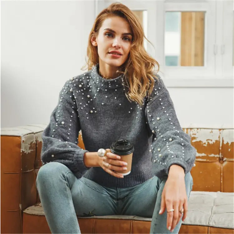 Light Gray Beaded Knit Sweater Women Autumn Winter
