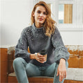 Light Gray Beaded Knit Sweater Women Autumn Winter