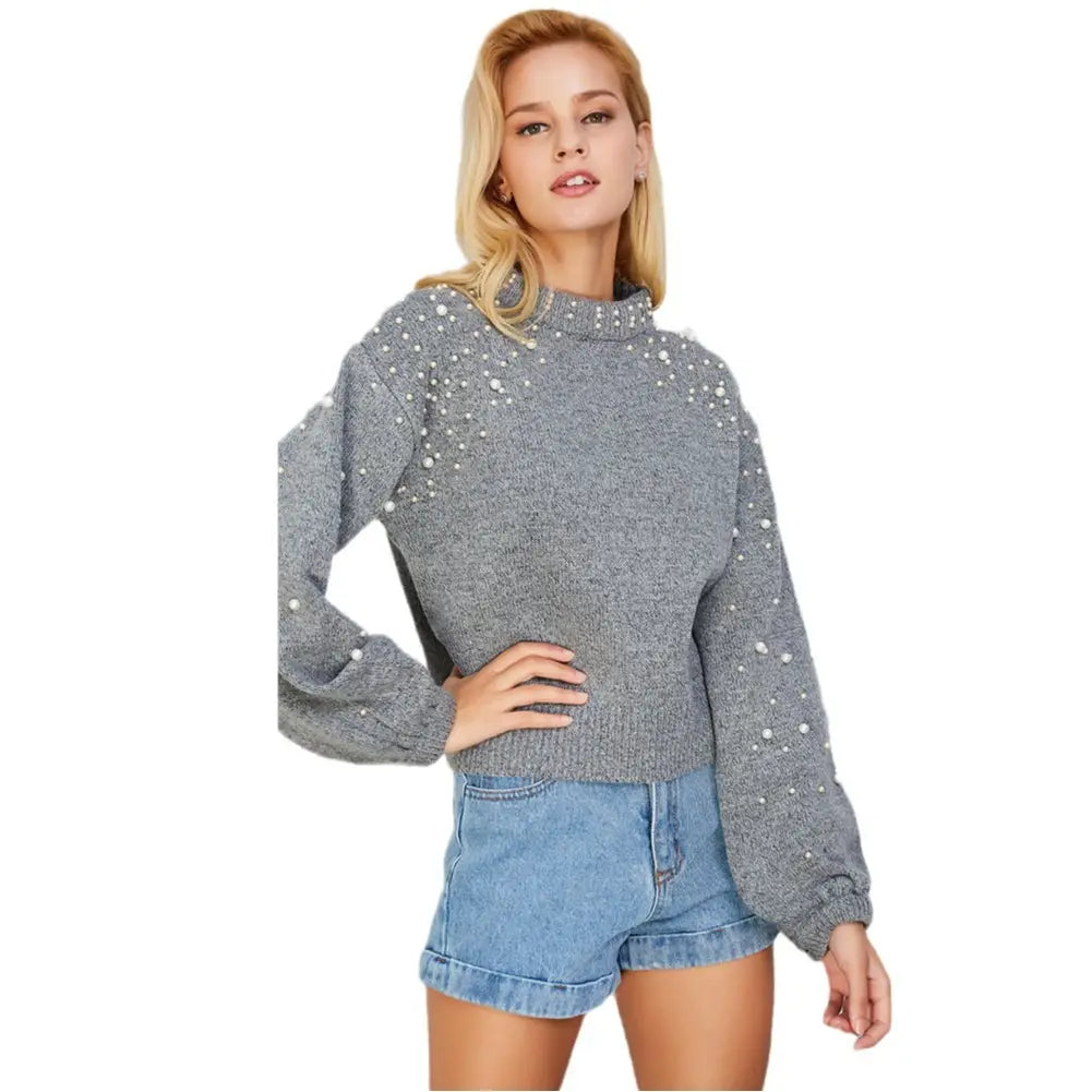 Light Gray Beaded Knit Sweater Women Autumn Winter