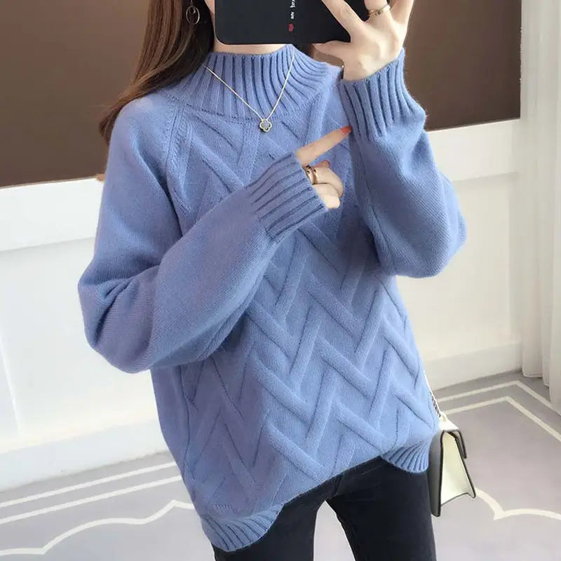 Women Half Turtleneck Knit Sweater Blue Loose Autumn Winter
