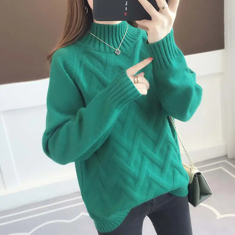 Women Half Turtleneck Knit Sweater Blue Loose Autumn Winter
