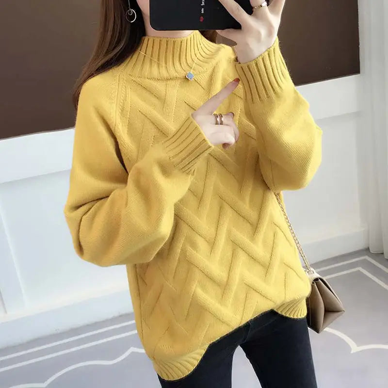 Women Half Turtleneck Knit Sweater Blue Loose Autumn Winter