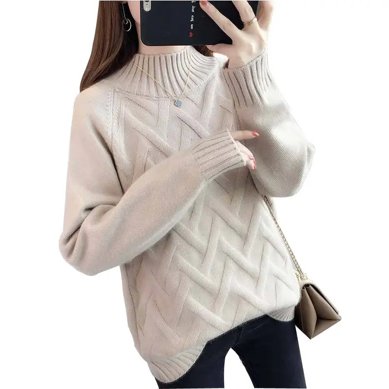 Women Half Turtleneck Knit Sweater Blue Loose Autumn Winter