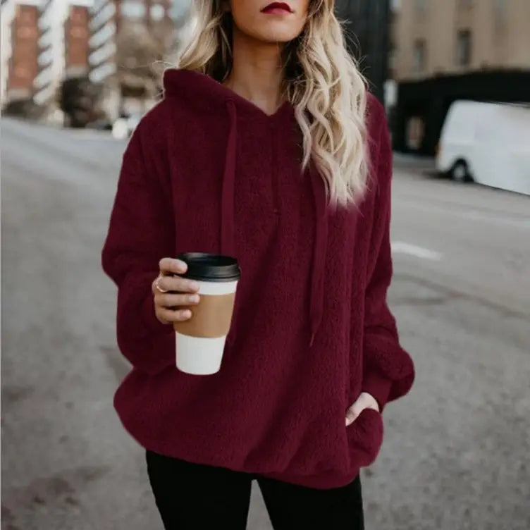 Women Fleece Hoodie Sweater Jacket Black Brown Red Casual Outerwear