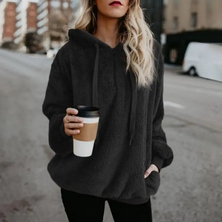 Women Fleece Hoodie Sweater Jacket Black Brown Red Casual Outerwear