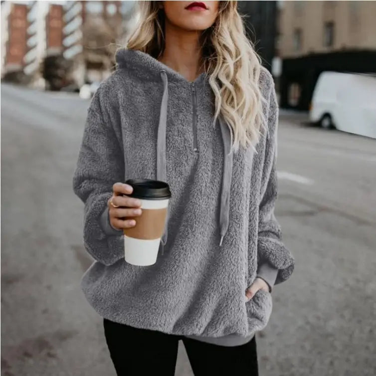 Women Fleece Hoodie Sweater Jacket Black Brown Red Casual Outerwear