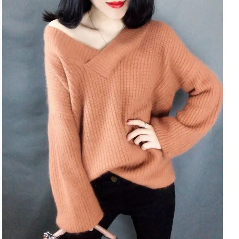 Women V-Neck Faux Alpaca Wool Sweater Green Loose Fit