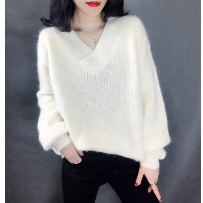 Women V-Neck Faux Alpaca Wool Sweater Green Loose Fit