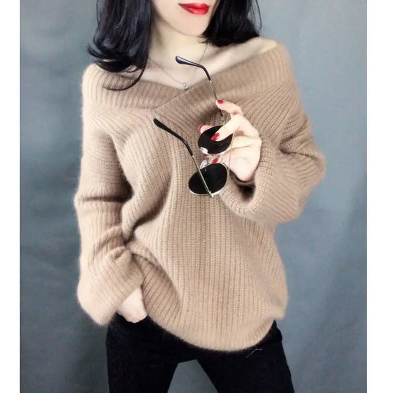 Women V-Neck Faux Alpaca Wool Sweater Green Loose Fit