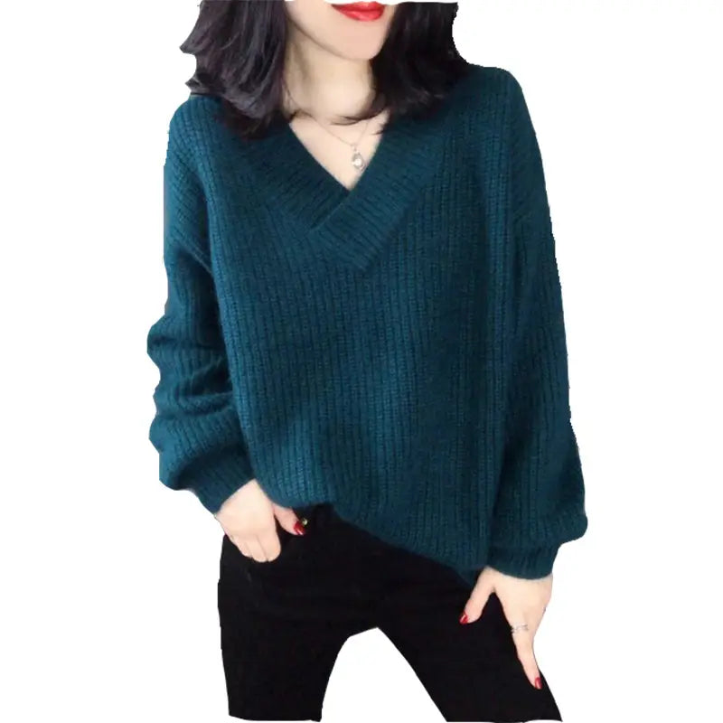Women V-Neck Faux Alpaca Wool Sweater Green Loose Fit