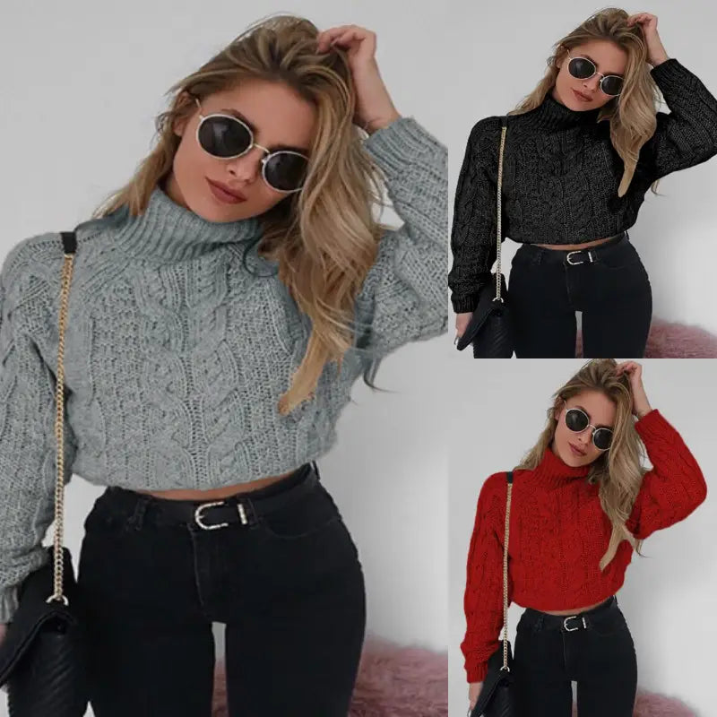 Women's Cable Knit Turtleneck Sweater Red Black Crop Top
