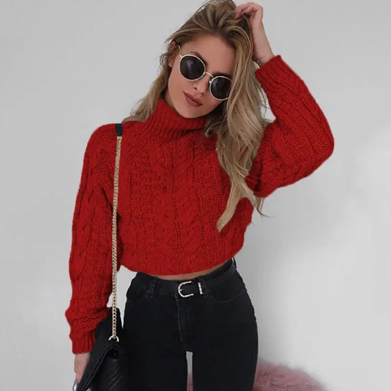 Women's Cable Knit Turtleneck Sweater Red Black Crop Top