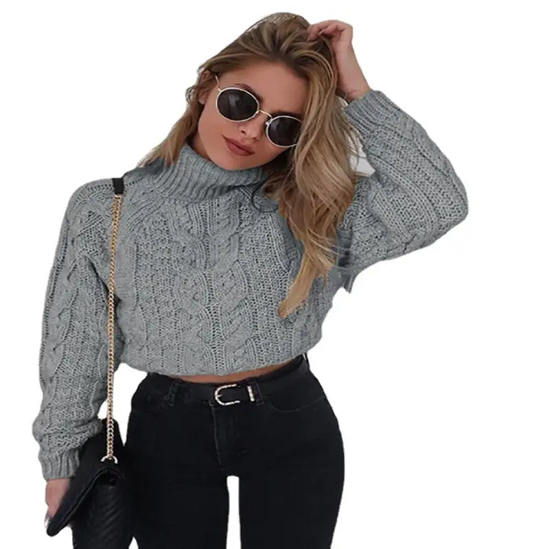 Women's Cable Knit Turtleneck Sweater Red Black Crop Top