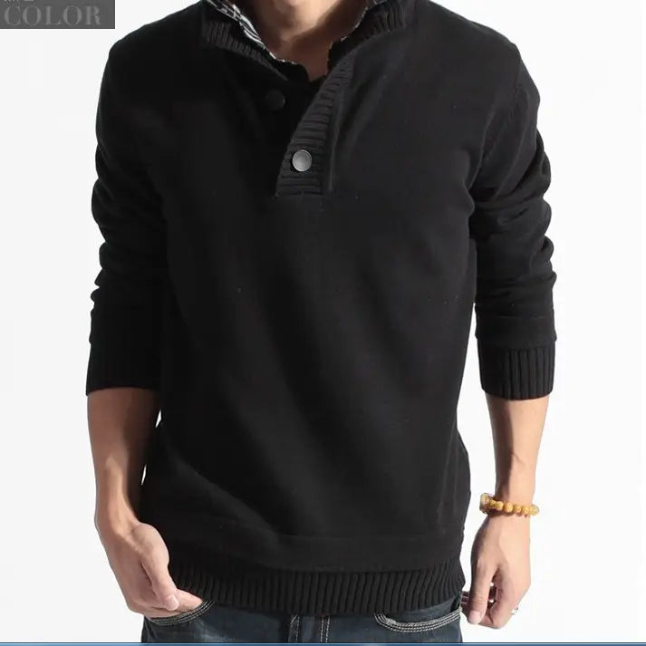 Men Black Knit Sweater Shirt Collar Korean Style