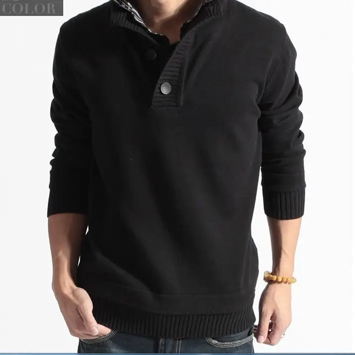 Men Black Knit Sweater Shirt Collar Korean Style