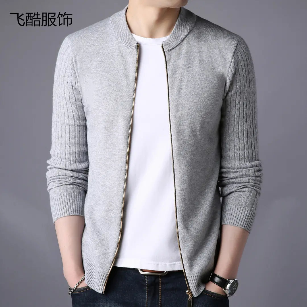 Men Gray Slim Fit Zip Cardigan Sweater