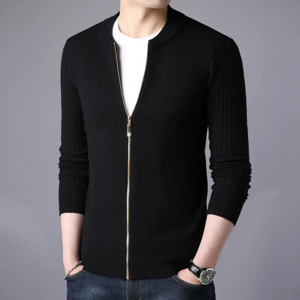 Men Gray Slim Fit Zip Cardigan Sweater
