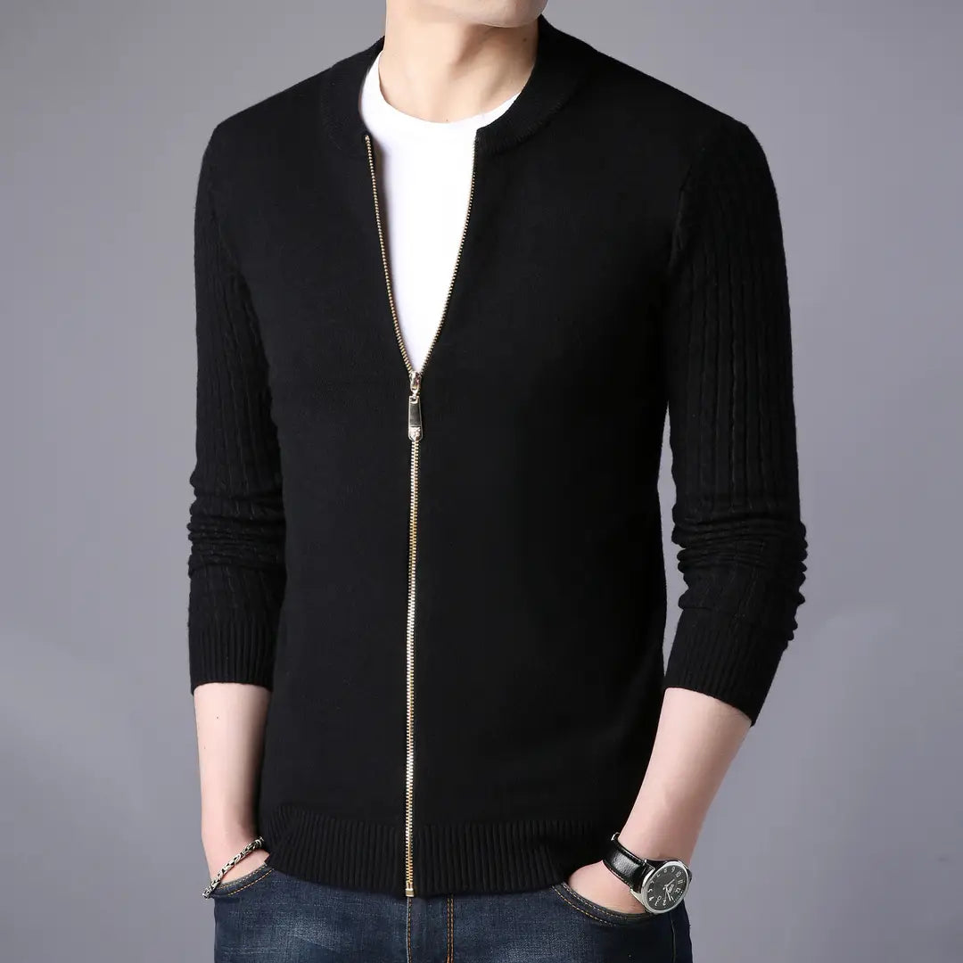 Men Gray Slim Fit Zip Cardigan Sweater