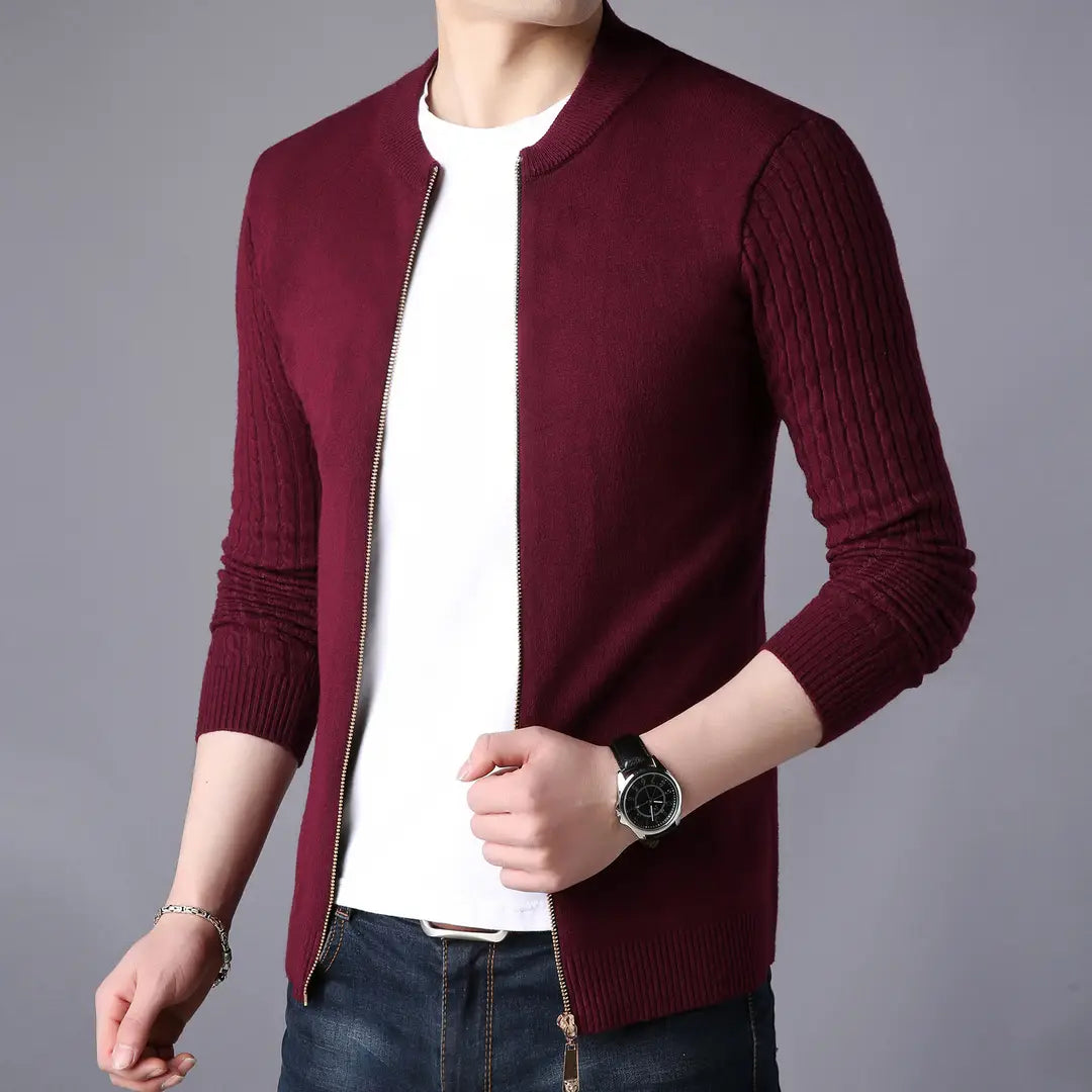 Men Gray Slim Fit Zip Cardigan Sweater