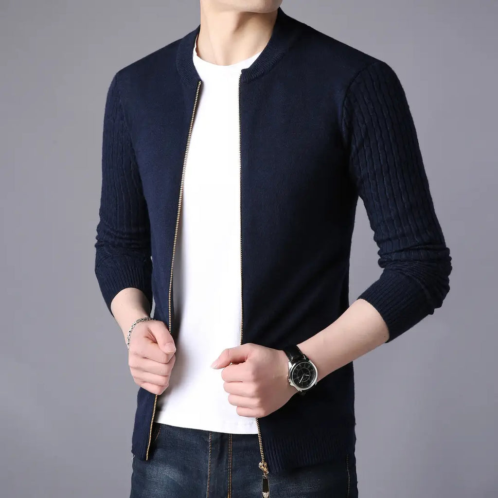 Men Gray Slim Fit Zip Cardigan Sweater