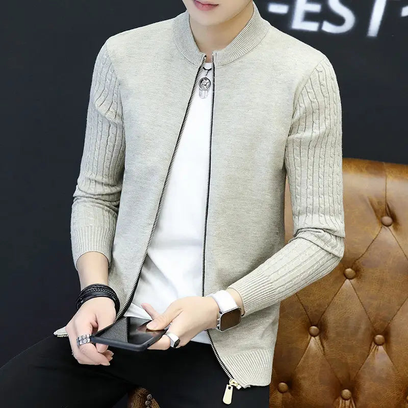 Men Beige Slim Fit Zipper Knit Cardigan Autumn