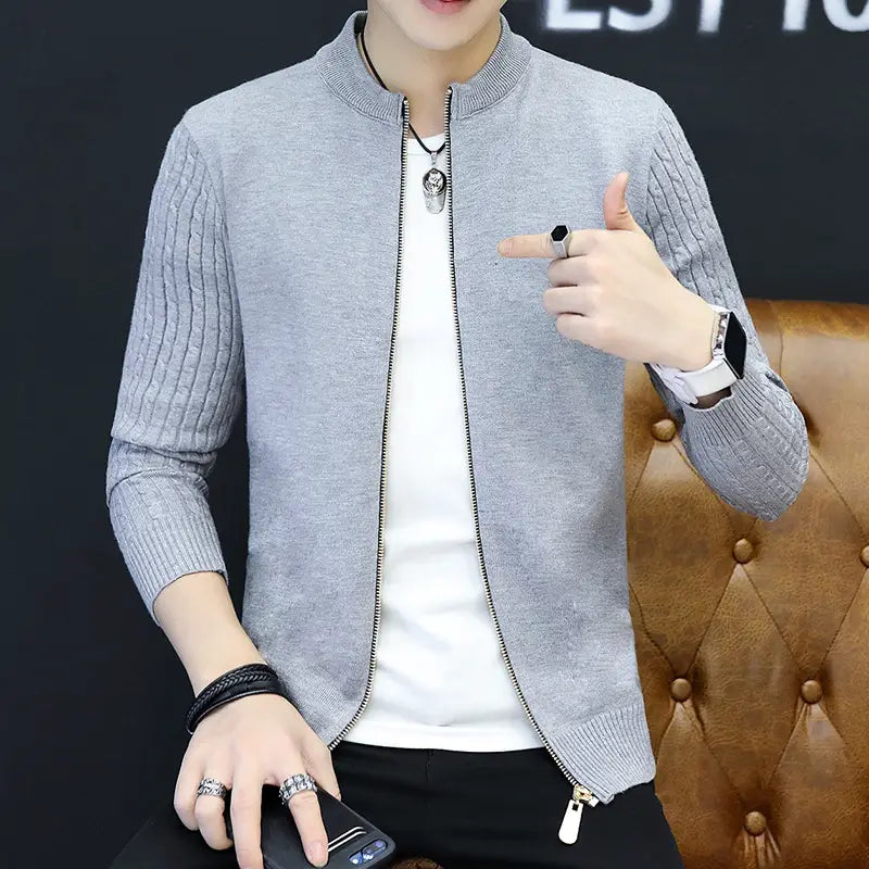 Men Beige Slim Fit Zipper Knit Cardigan Autumn
