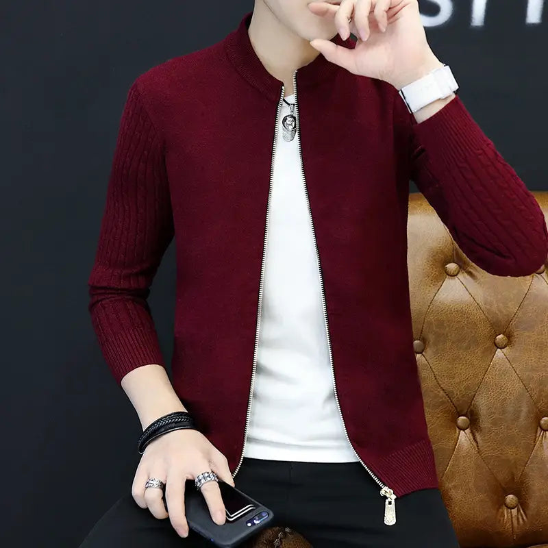 Men Beige Slim Fit Zipper Knit Cardigan Autumn