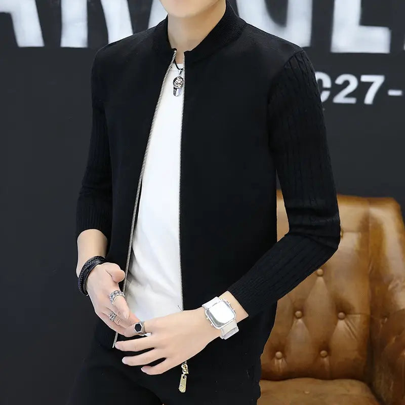 Men Beige Slim Fit Zipper Knit Cardigan Autumn